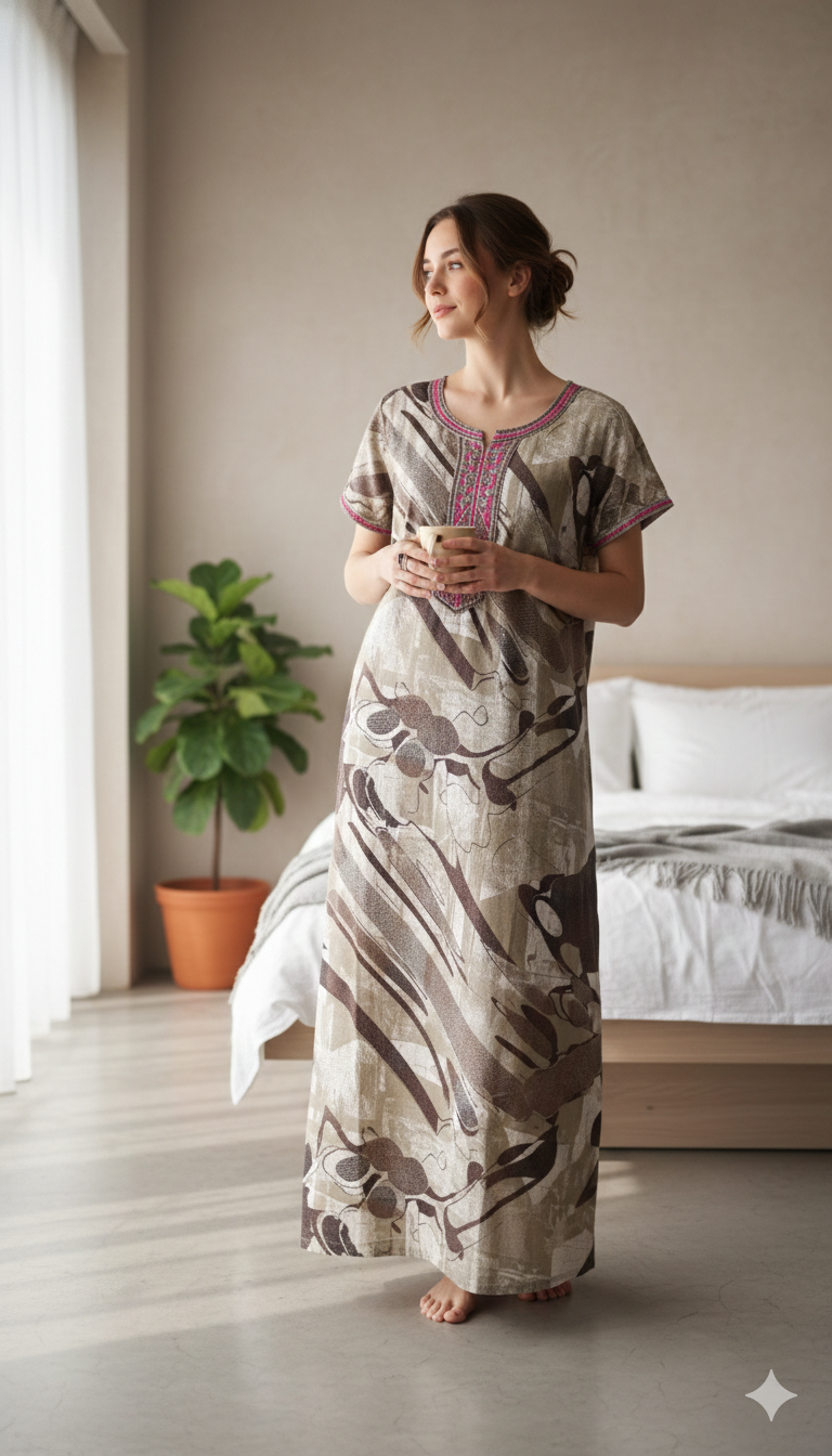 🌸 Alpine Women’s Printed Long Nightgown | Short Sleeves | Full-Length | Side Pocket | Soft Comfortable Nightwear
