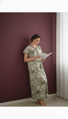 🌸 Alpine Women’s Printed Long Nightgown | Short Sleeves | Full-Length | Side Pocket | Soft Comfortable Nightwear