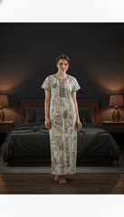 🌸 Alpine Women’s Printed Long Nightgown | Short Sleeves | Full-Length | Side Pocket | Soft Comfortable Nightwear