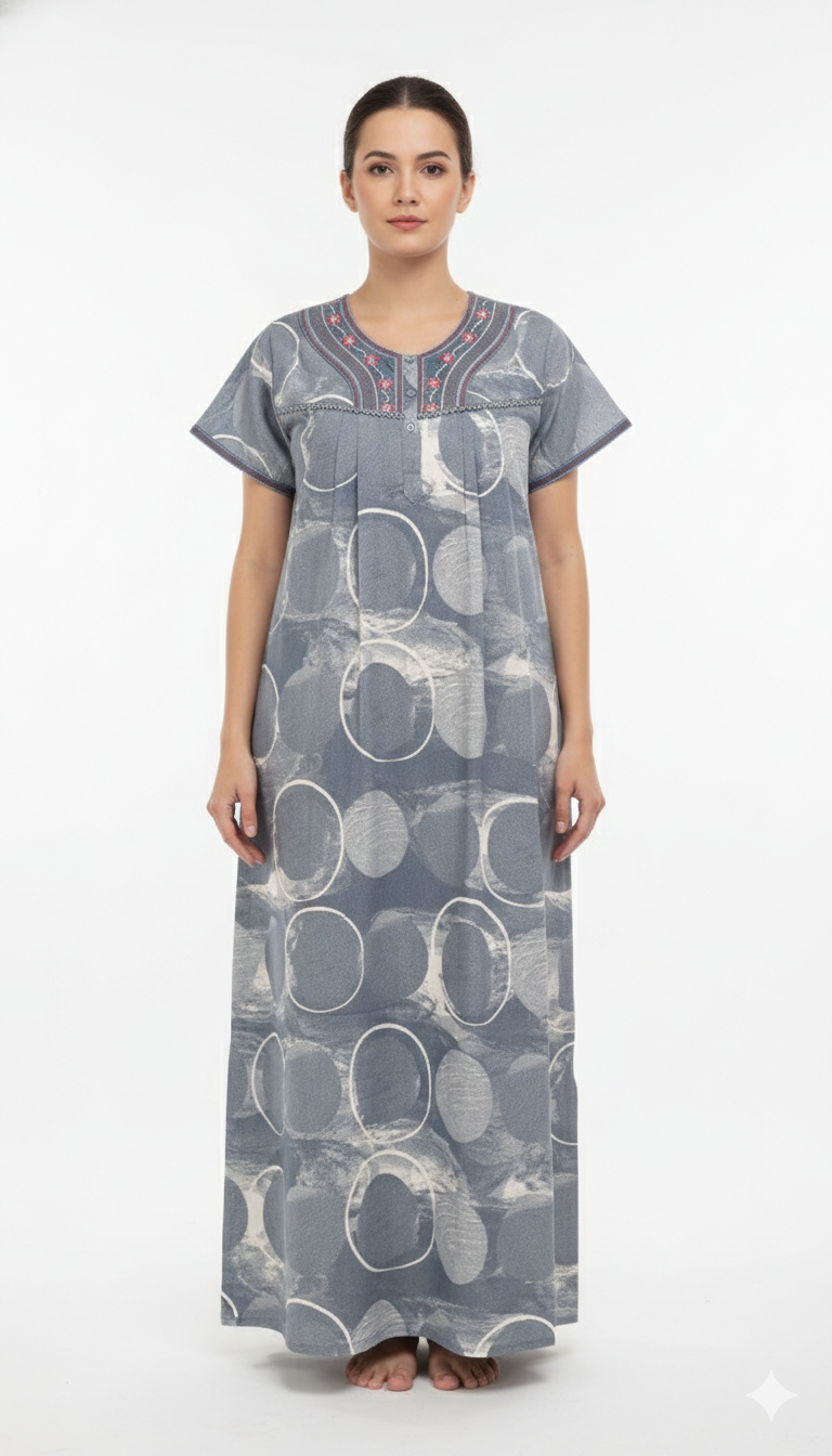 🌸 Alpine Women’s Printed Long Nightgown | Short Sleeves | Full-Length | Side Pocket | Soft Comfortable Nightwear