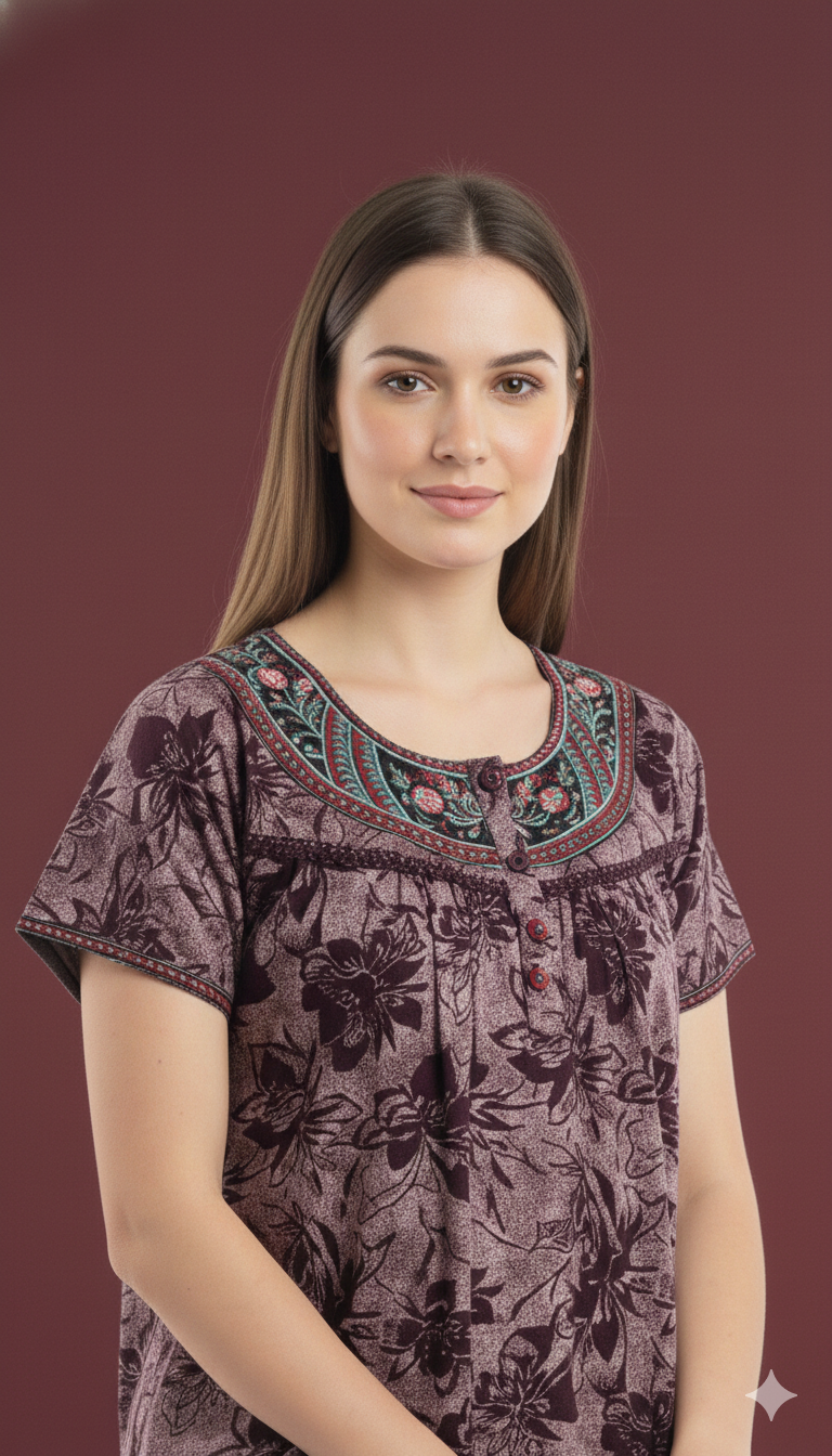 🌸 Alpine Women’s Printed Long Nightgown | Short Sleeves | Full-Length | Side Pocket | Soft Comfortable Nightwear