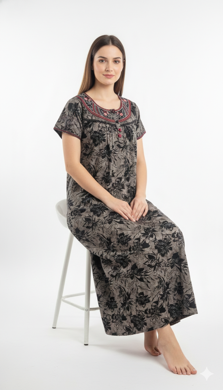 🌸 Alpine Women’s Printed Long Nightgown | Short Sleeves | Full-Length | Side Pocket | Soft Comfortable Nightwear
