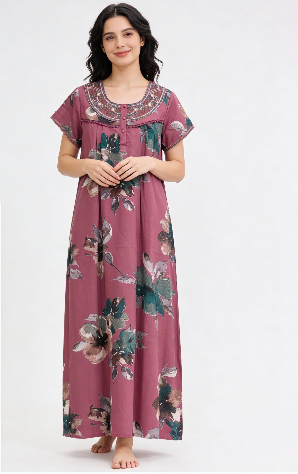 🌸 Alpine Women’s Printed Long Nightgown | Short Sleeves | Full-Length | Side Pocket | Soft Comfortable Nightwear