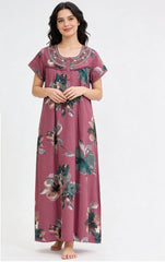 🌸 Alpine Women’s Printed Long Nightgown | Short Sleeves | Full-Length | Side Pocket | Soft Comfortable Nightwear