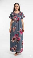 🌸 Alpine Women’s Printed Long Nightgown | Short Sleeves | Full-Length | Side Pocket | Soft Comfortable Nightwear