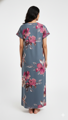 🌸 Alpine Women’s Printed Long Nightgown | Short Sleeves | Full-Length | Side Pocket | Soft Comfortable Nightwear