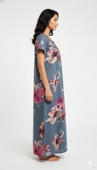 🌸 Alpine Women’s Printed Long Nightgown | Short Sleeves | Full-Length | Side Pocket | Soft Comfortable Nightwear