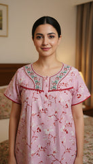 🌸 Alpine Women’s Printed Long Nightgown | Short Sleeves | Full-Length | Side Pocket | Soft Comfortable Nightwear