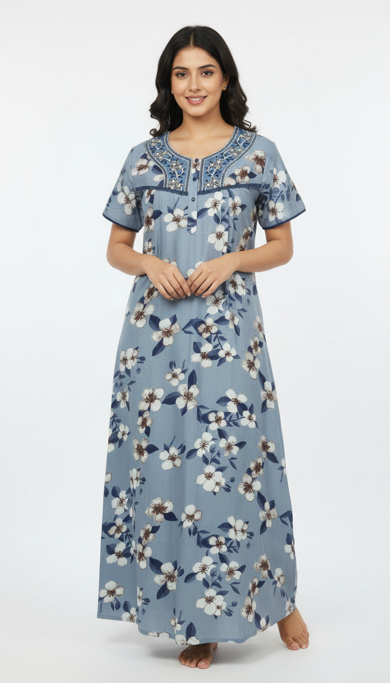 Alpine Long Nightgown for Women with Side Pocket | Soft Breathable Fabric | Printed Maxi Nighty | Comfortable Daily Wear