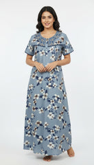 🌸 Alpine Women’s Printed Long Nightgown | Short Sleeves | Full-Length | Side Pocket | Soft Comfortable Nightwear