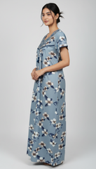 🌸 Alpine Women’s Printed Long Nightgown | Short Sleeves | Full-Length | Side Pocket | Soft Comfortable Nightwear