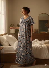 🌸 Alpine Women’s Printed Long Nightgown | Short Sleeves | Full-Length | Side Pocket | Soft Comfortable Nightwear