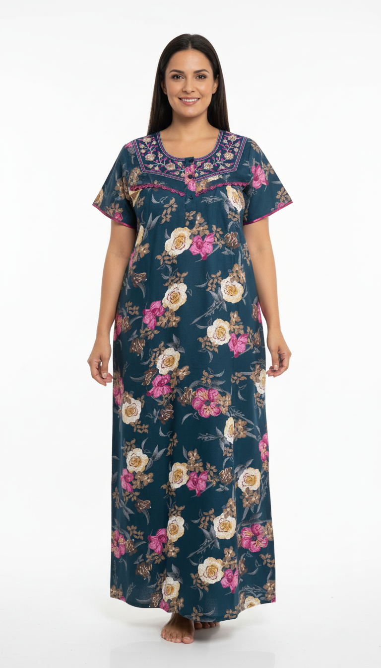 🌸 Alpine Women’s Printed Long Nightgown | Short Sleeves | Full-Length | Side Pocket | Soft Comfortable Nightwear