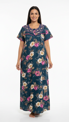 🌸 Alpine Women’s Printed Long Nightgown | Short Sleeves | Full-Length | Side Pocket | Soft Comfortable Nightwear