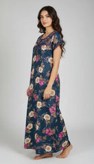 🌸 Alpine Women’s Printed Long Nightgown | Short Sleeves | Full-Length | Side Pocket | Soft Comfortable Nightwear