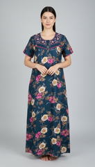 🌸 Alpine Women’s Printed Long Nightgown | Short Sleeves | Full-Length | Side Pocket | Soft Comfortable Nightwear