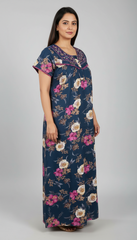 🌸 Alpine Women’s Printed Long Nightgown | Short Sleeves | Full-Length | Side Pocket | Soft Comfortable Nightwear