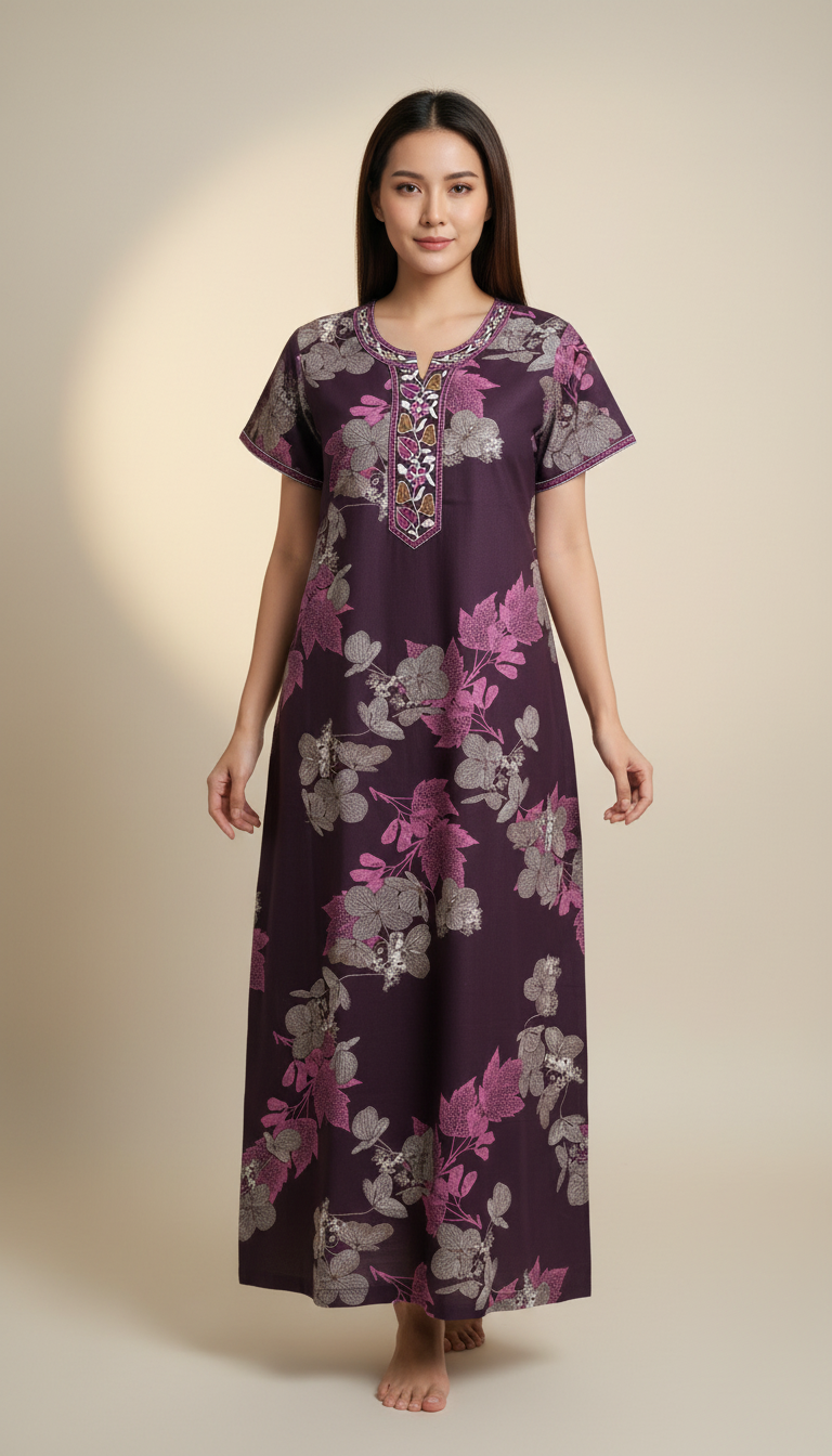 🌸 Alpine Women’s Printed Long Nightgown | Short Sleeves | Full-Length | Side Pocket | Soft Comfortable Nightwear