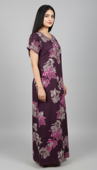 🌸 Alpine Women’s Printed Long Nightgown | Short Sleeves | Full-Length | Side Pocket | Soft Comfortable Nightwear