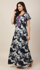 🌸 Alpine Women’s Printed Long Nightgown | Short Sleeves | Full-Length | Side Pocket | Soft Comfortable Nightwear