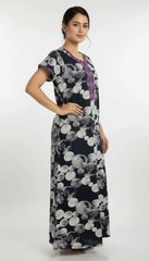 🌸 Alpine Women’s Printed Long Nightgown | Short Sleeves | Full-Length | Side Pocket | Soft Comfortable Nightwear