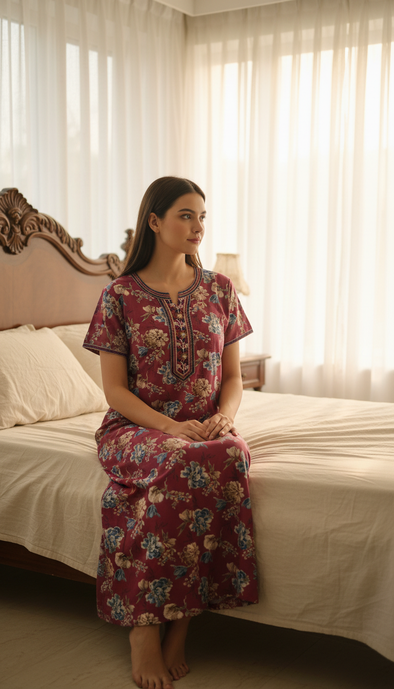 ?? Alpine Women’s Printed Long Nightgown | Short Sleeves | Full-Length | Side Pocket | Soft Comfortable Nightwear