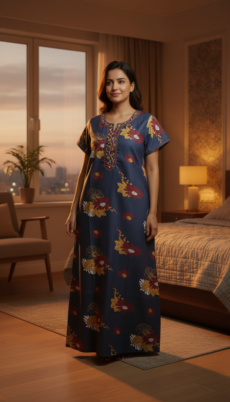 Alpine Designer Long Nightgown with Embroidery for Women with Side Pocket | Soft Breathable Fabric | Printed Maxi Nighty | Comfortable Daily Wear