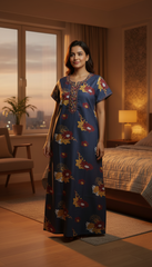 Alpine Designer Long Nightgown with Embroidery for Women with Side Pocket | Soft Breathable Fabric | Printed Maxi Nighty | Comfortable Daily Wear
