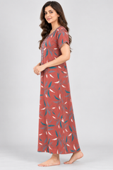 Alpine Women’s Printed Long Nightgown – Short Sleeve Floral Leaf Print with Embroidered Neckline