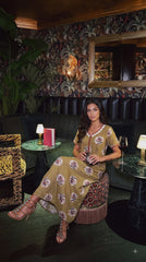Evolove Alpine Long Nightgown for Women | Olive Green Floral Printed Maxi Nighty with Lace Neckline & Short Sleeves