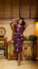 Evolove Alpine Long Nightgown for Women | Wine Purple Floral Printed Maxi Nighty with Pink Lace Neckline & Short Sleeves
