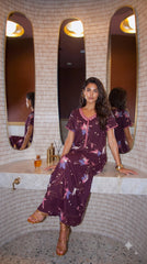 Evolove Alpine Long Nightgown for Women | Wine Purple Floral Printed Maxi Nighty with Pink Lace Neckline & Short Sleeves
