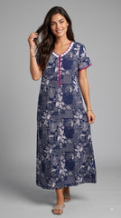 Evolove Alpine Printed Long Nightgown for Women with Front Zipper, Floral Print and Lace Neckline