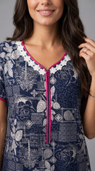 Evolove Alpine Printed Long Nightgown for Women with Front Zipper, Floral Print and Lace Neckline