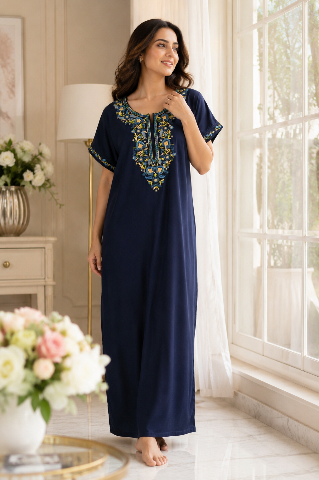 Women's Designer Kashmiri Embroidered Long Nightgown | Premium Bizzy Lizzy Fabric | Full Length Maxi Nighty | Soft, Breathable & Comfortable Sleepwear | Daily Wear & Lounge Wear
