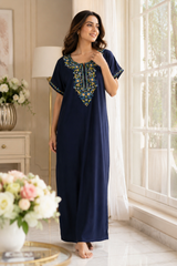 Women's Designer Kashmiri Embroidered Long Nightgown | Premium Bizzy Lizzy Fabric | Full Length Maxi Nighty | Soft, Breathable & Comfortable Sleepwear | Daily Wear & Lounge Wear