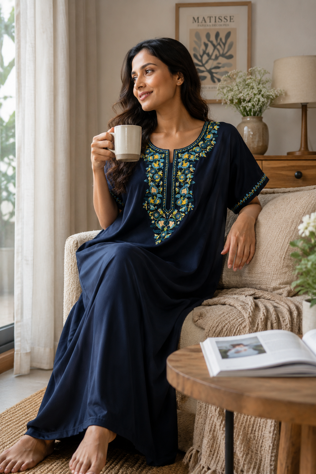 Women's Designer Kashmiri Embroidered Long Nightgown | Premium Bizzy Lizzy Fabric | Full Length Maxi Nighty | Soft, Breathable & Comfortable Sleepwear | Daily Wear & Lounge Wear ( LNGBL3476DN )