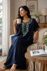 Women's Designer Kashmiri Embroidered Long Nightgown | Premium Bizzy Lizzy Fabric | Full Length Maxi Nighty | Soft, Breathable & Comfortable Sleepwear | Daily Wear & Lounge Wear ( LNGBL3476DN )