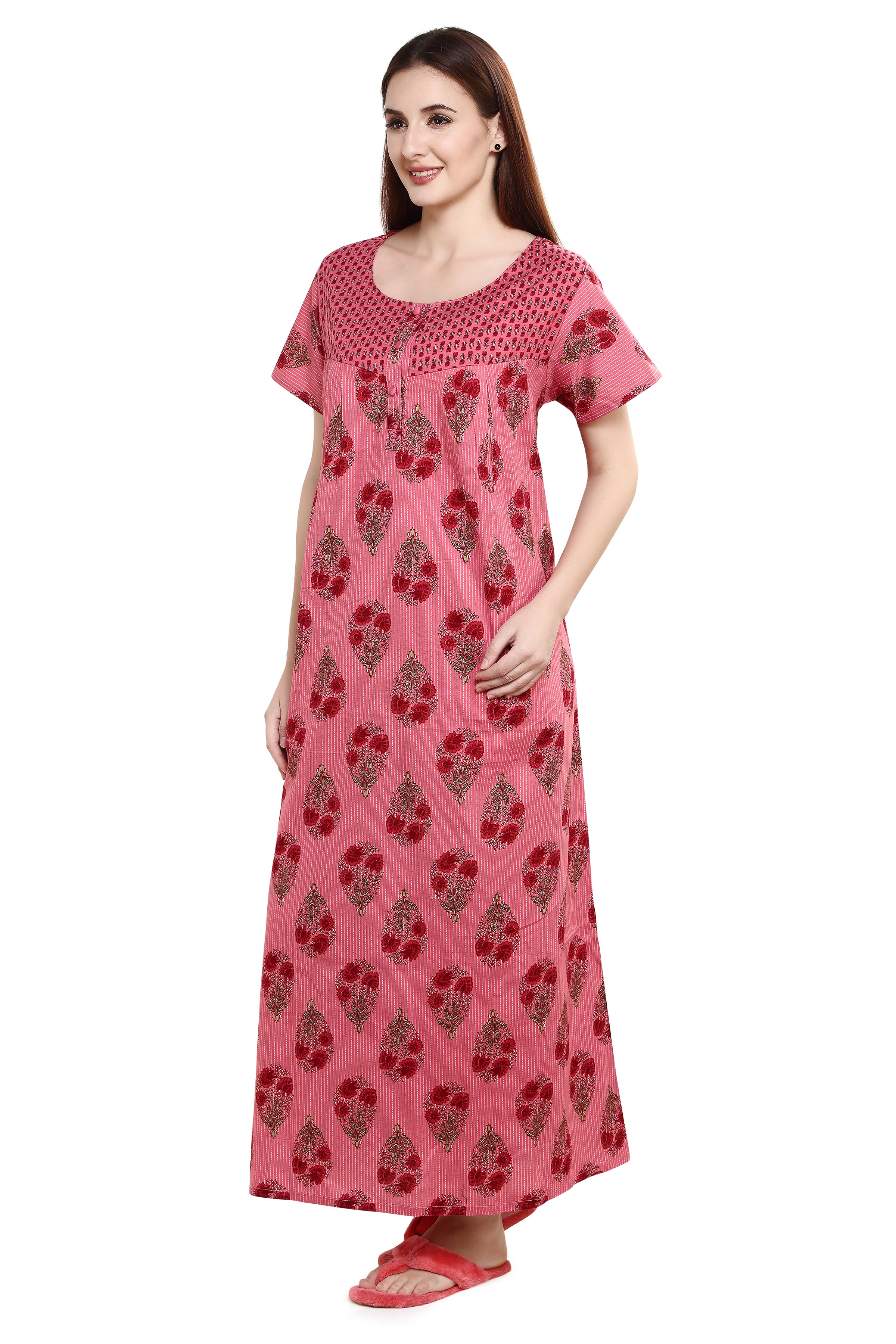 Evolove Women's Feeding / Maternity Nighty Cotton Printed Maxi Nighty - Zip Opening at Bust - Before and After Baby - (Pink)