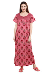 Evolove Women's Feeding / Maternity Nighty Cotton Printed Maxi Nighty - Zip Opening at Bust - Before and After Baby - (Pink)