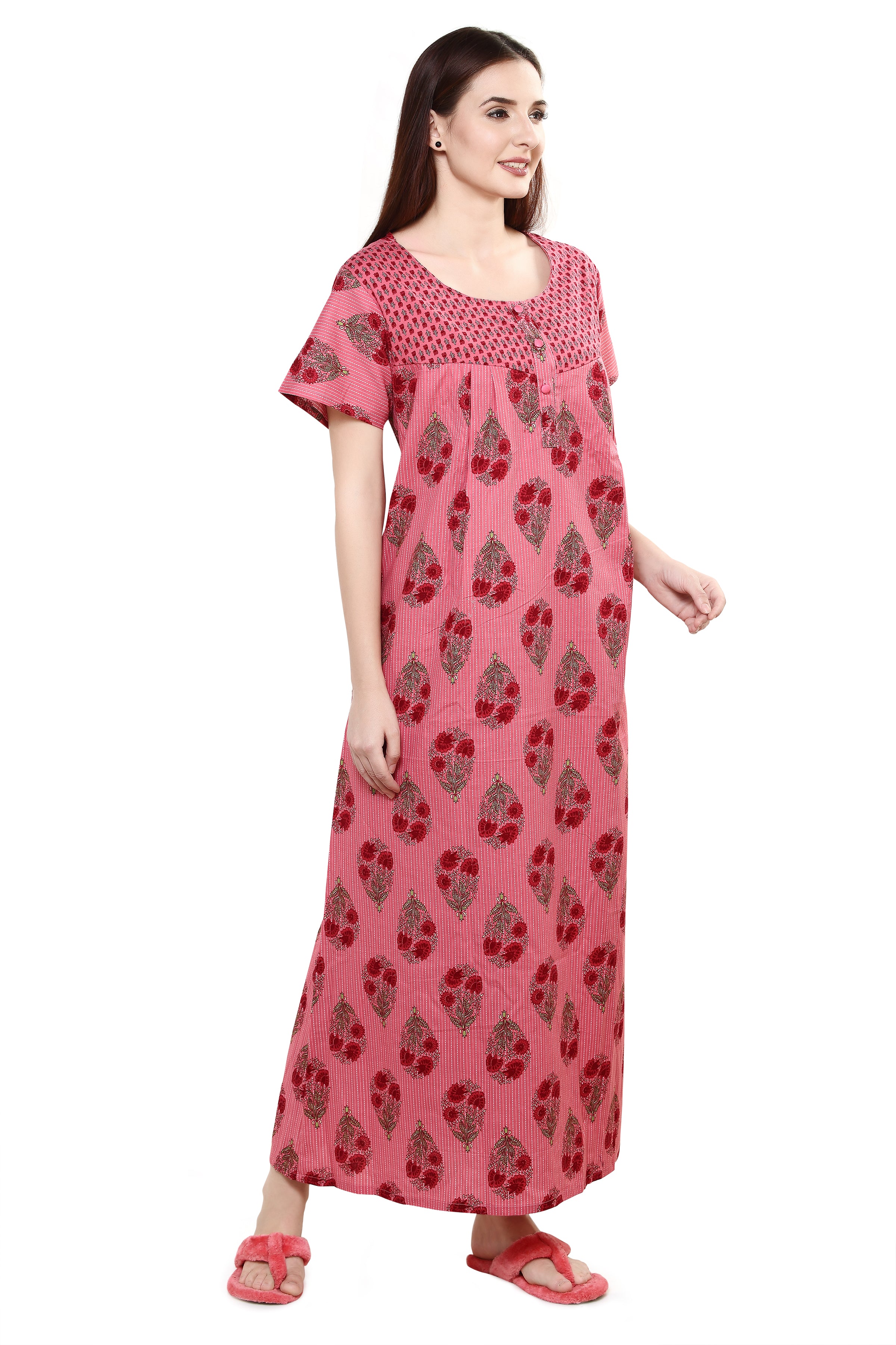 Evolove Women's Feeding / Maternity Nighty Cotton Printed Maxi Nighty - Zip Opening at Bust - Before and After Baby - (Pink)