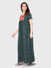 🌸 Evolove Cotton Nighty Maxi for Women Printed Short Sleeves | Full-Length | Side Pocket