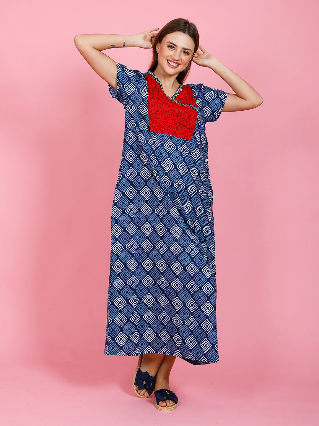 Printed Full Length Night Wear Gown Short Sleeves