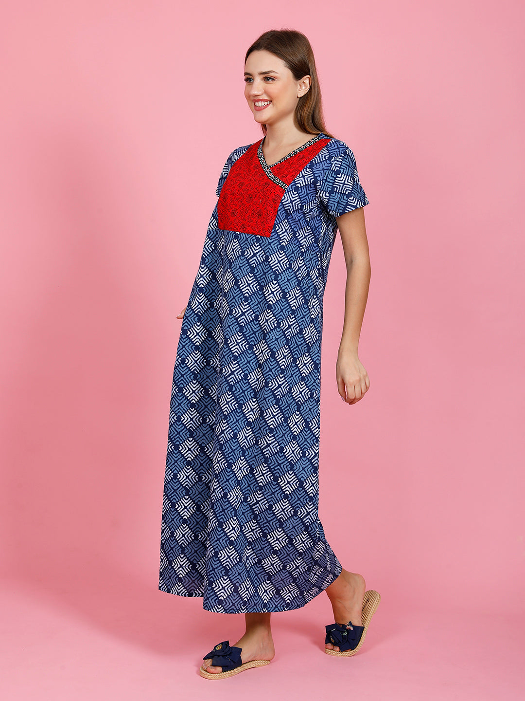 Printed Full Length Night Wear Gown Short Sleeves