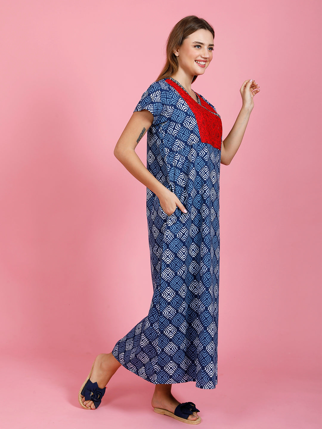 Printed Full Length Night Wear Gown Short Sleeves