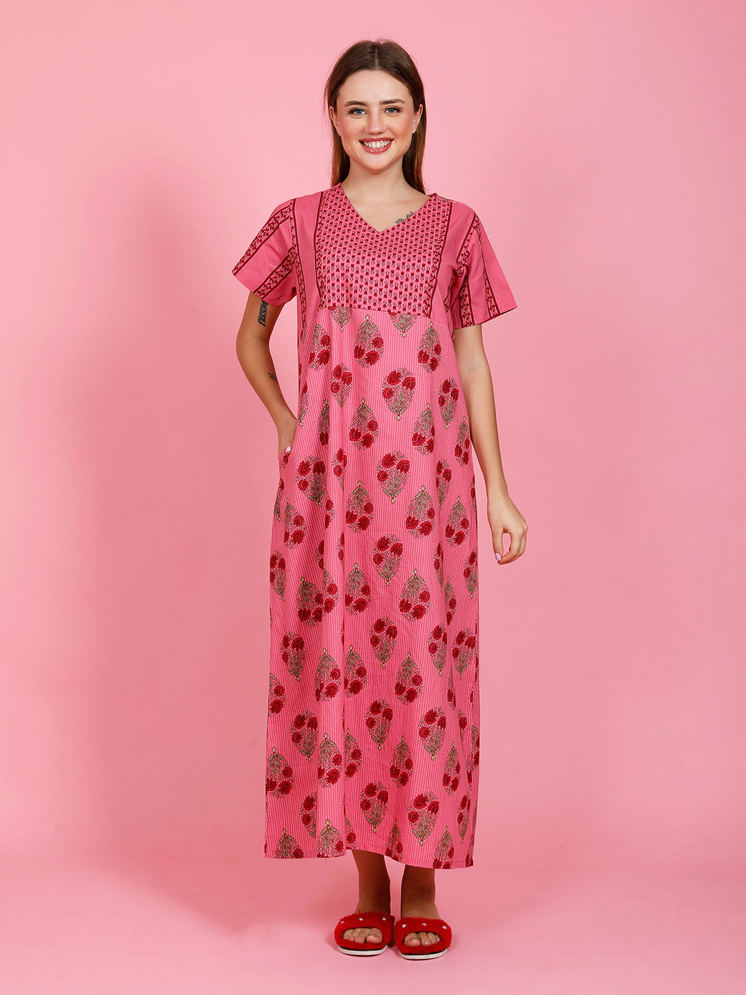 100% Cotton Nighty with Side Pocket | Printed