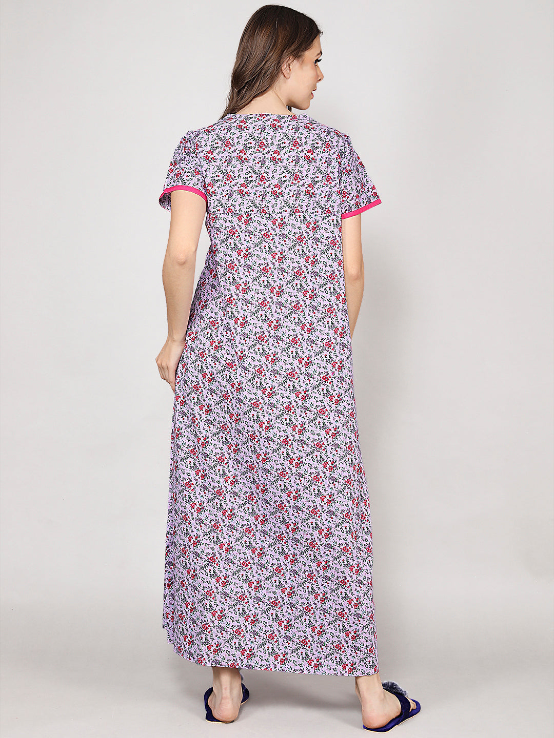 Printed Short Sleeves Full Length Night Wear Gown