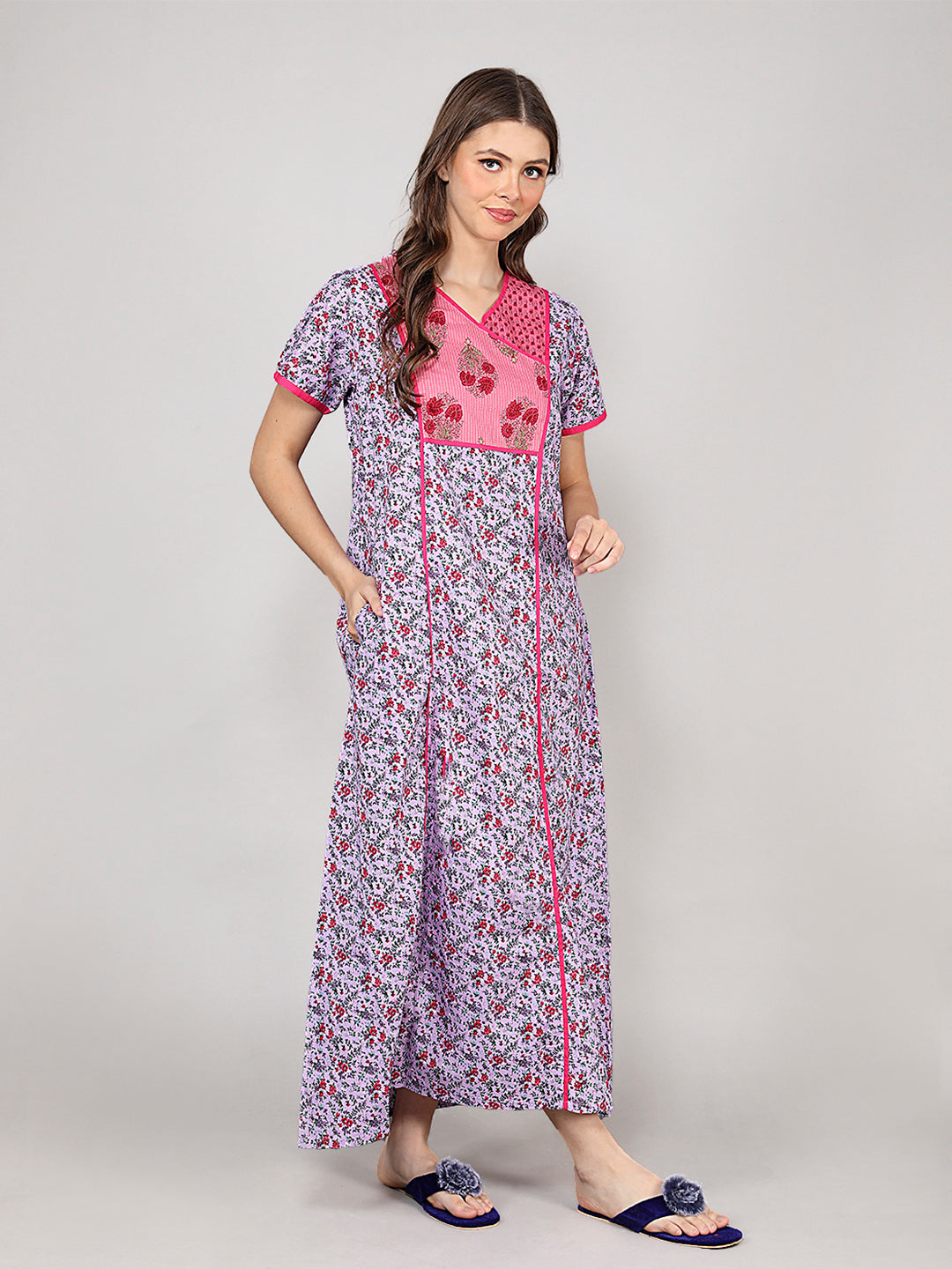 Printed Short Sleeves Full Length Night Wear Gown