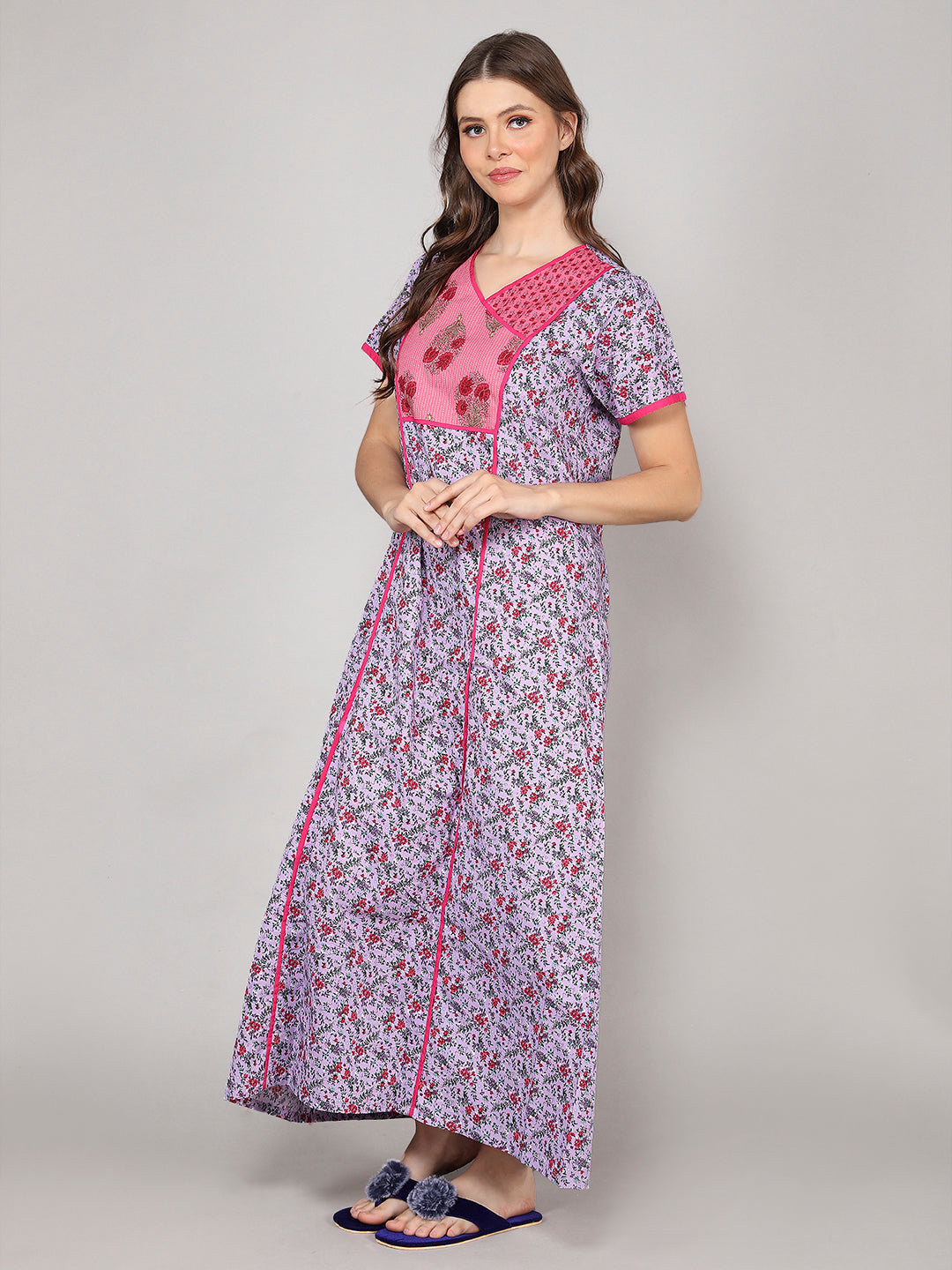 Printed Short Sleeves Full Length Night Wear Gown