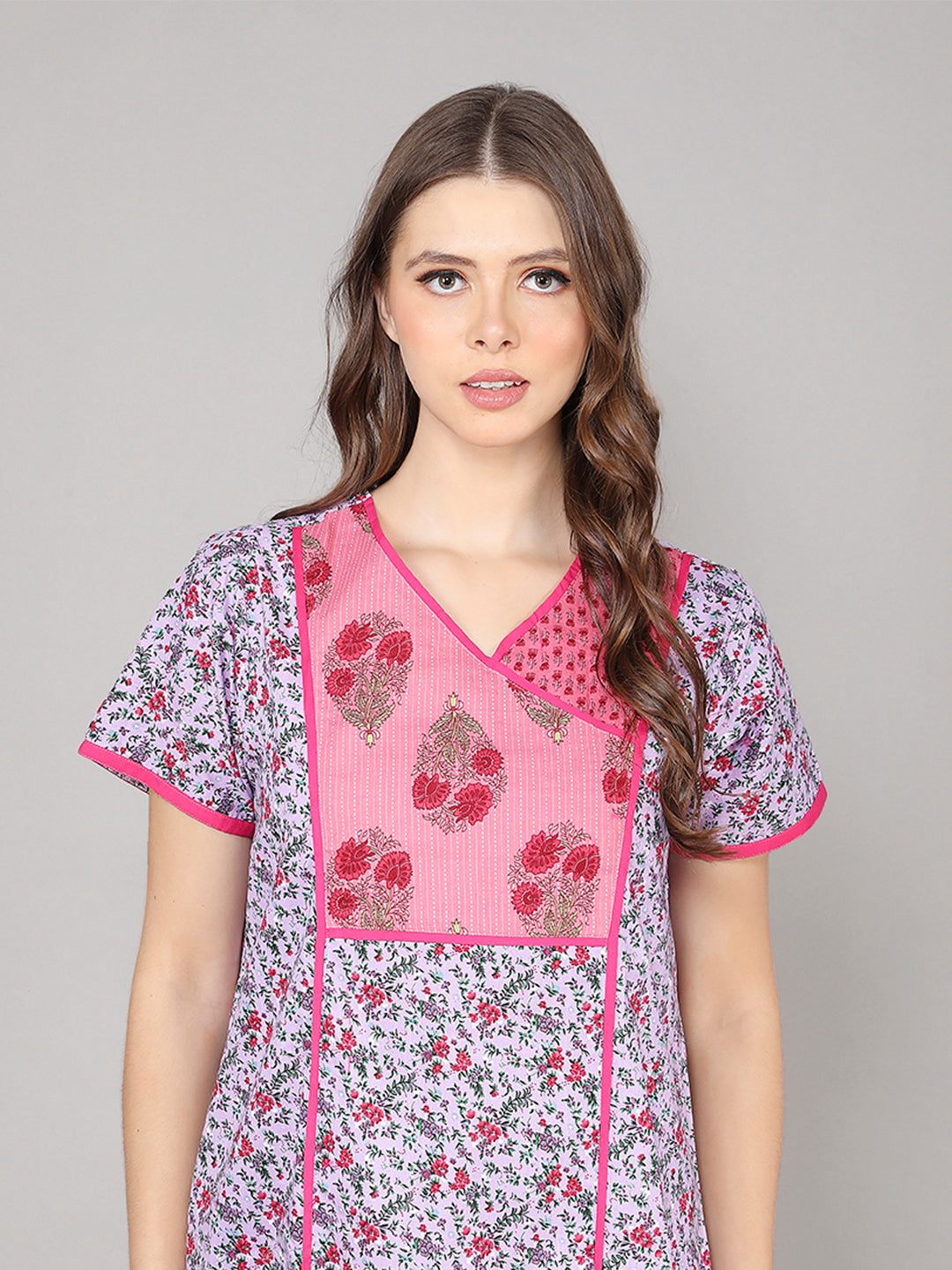 Printed Short Sleeves Full Length Night Wear Gown